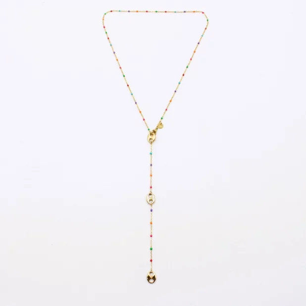 Collier en acier avec perles de couleur et grain de café forme Y