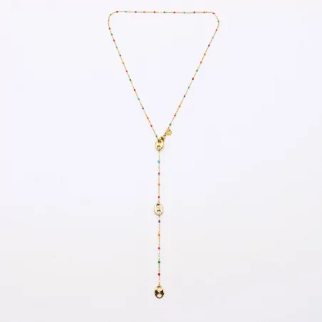 Collier en acier avec perles de couleur et grain de café forme Y