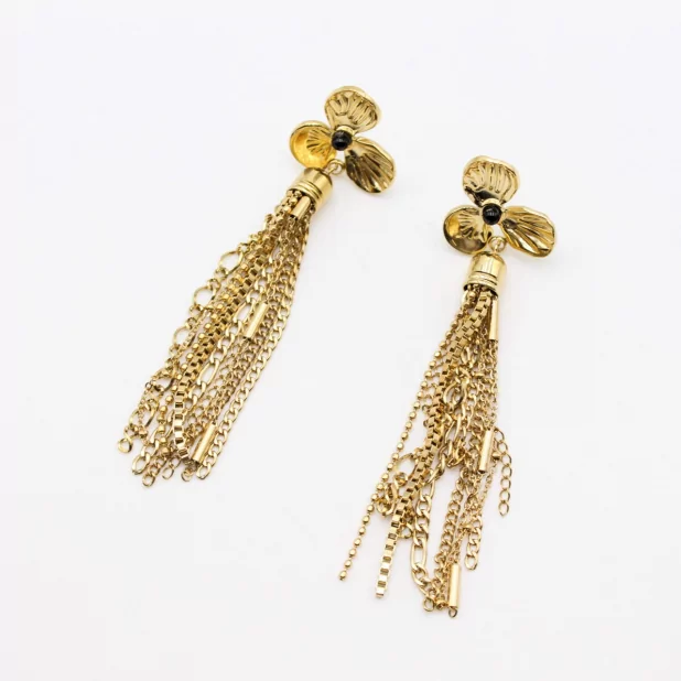 Boucle d'oreille acier - fleur et pampilles chaines