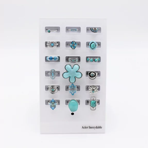 Pack 18 bagues acier inoxydable - argenté turquoise