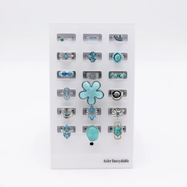 Pack 18 bagues acier inoxydable - argenté turquoise