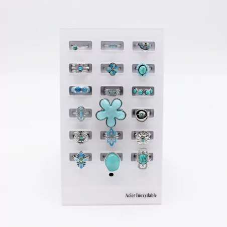 Pack 18 bagues acier inoxydable - argenté turquoise