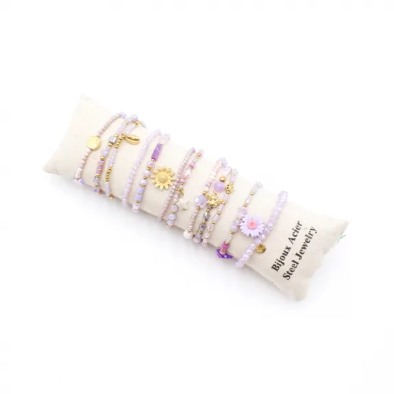 Pack de 12 bracelets cristal de verre et acier - parme