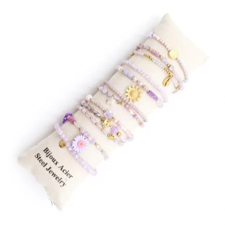 Pack de 12 bracelets cristal de verre et acier - parme