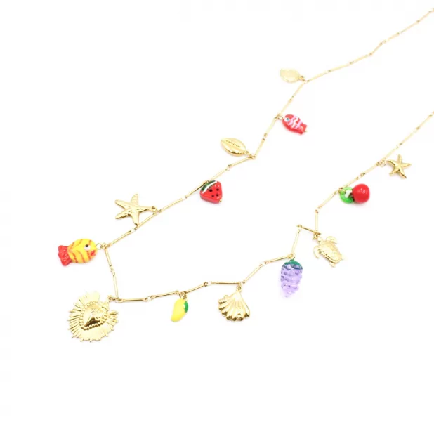 Sautoir doré breloques coquillages et fruits