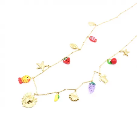 Sautoir doré breloques coquillages et fruits
