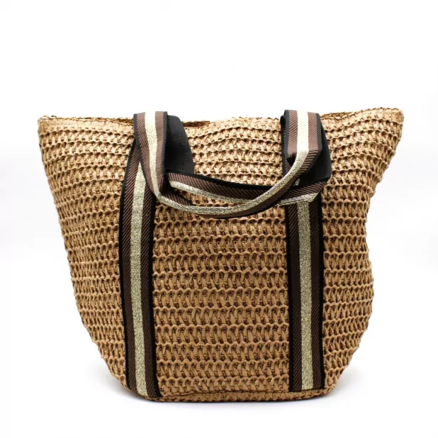 Sac à main effet paille avec deux bandes dorées