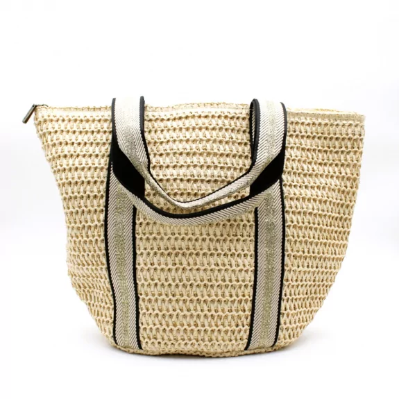 Sac à main effet paille avec deux bandes dorées