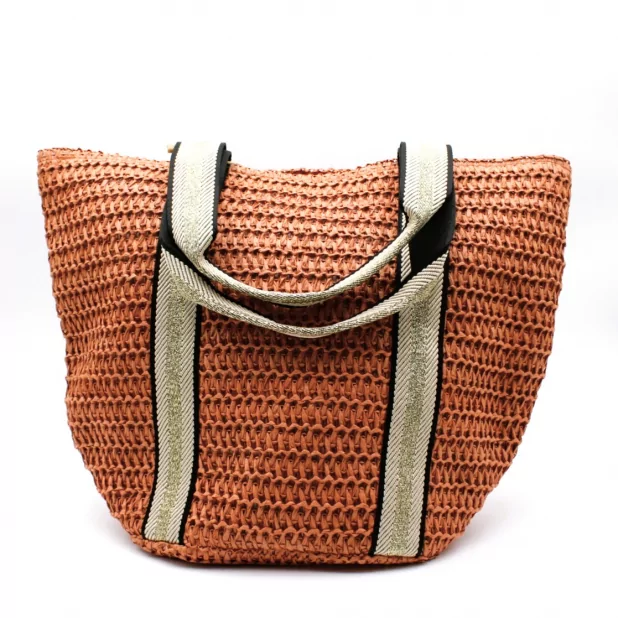 Sac à main effet paille avec deux bandes dorées