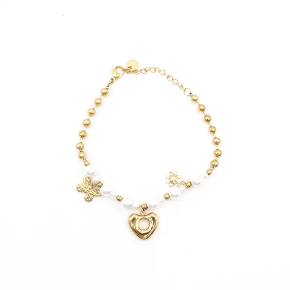 Bracelet acier perles cœur et papillon