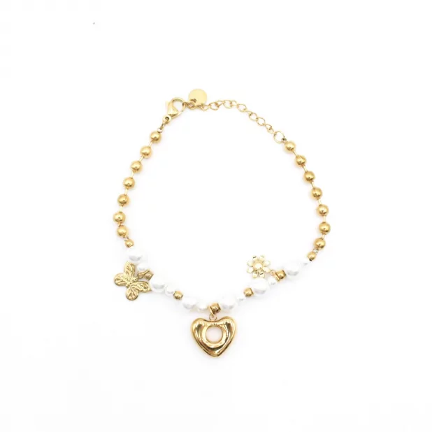 Bracelet acier perles cœur et papillon