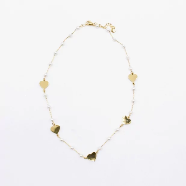 Collier fin en acier avec perles et coeur