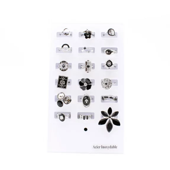 Pack 18 bagues acier inoxydable - argenté noir