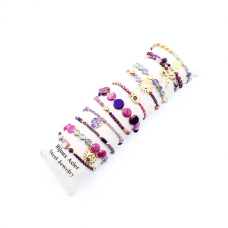 Pack de 12 bracelets cristal de verre et acier - violet