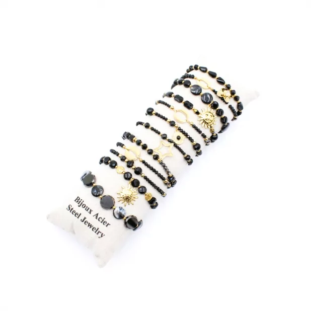 Pack de 12 bracelets cristal de verre et acier - NOIR