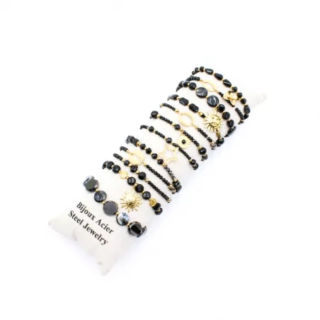 Pack de 12 bracelets cristal de verre et acier - NOIR