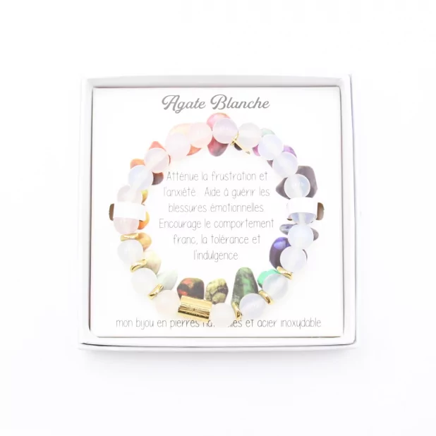Coffret bracelet en pierre véritable Agate Blanche