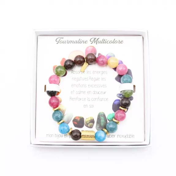Coffret bracelet en pierre véritable Tourmaline Multicolore