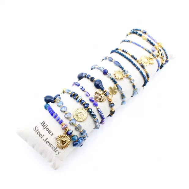 Pack de 12 bracelets cristal de verre et acier - MARINE