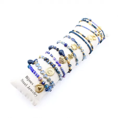 Pack de 12 bracelets cristal de verre et acier - MARINE