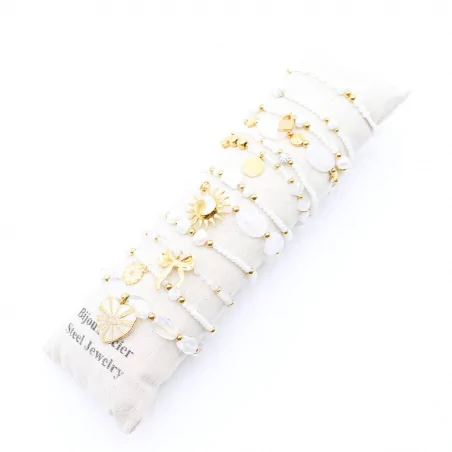 Pack de 12 bracelets cristal de verre et acier - BLANC