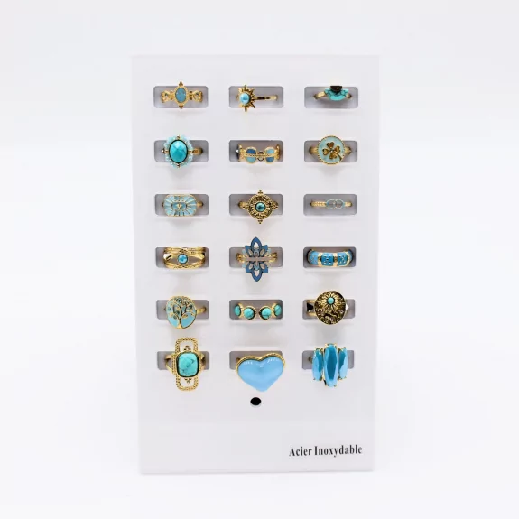 Pack 18 bagues acier inoxydable - TURQUOISE