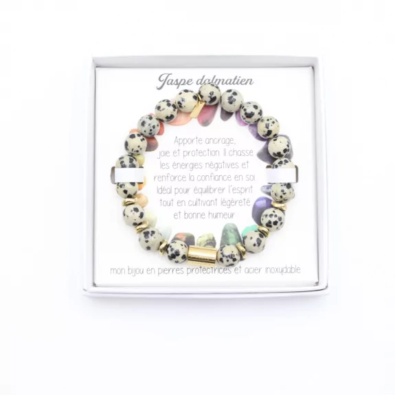 Coffret bracelet en pierre véritable Jaspe dalmatien