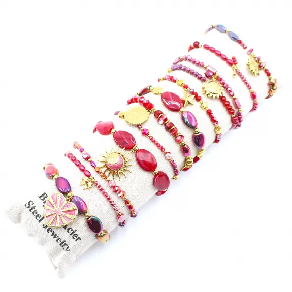 Pack de 12 bracelets cristal de verre et acier - rouge
