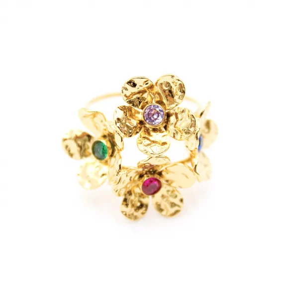 Bague acier fleurs et strass