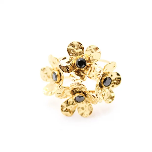 Bague acier fleurs et strass