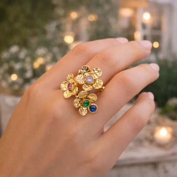 Bague acier fleurs et strass