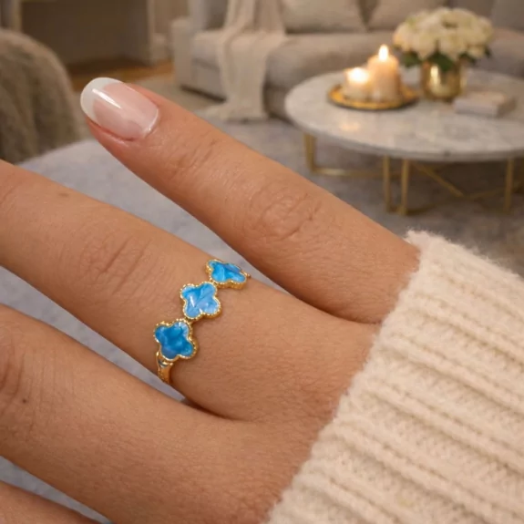 Bague acier trèfle émaillé