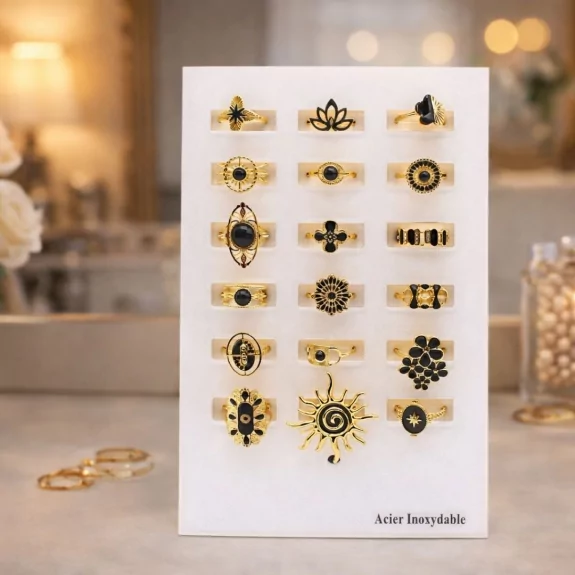 Pack 18 bagues acier inoxydable - noir