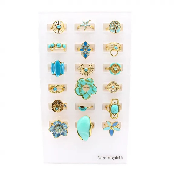 Pack 18 bagues acier inoxydable - turquoise