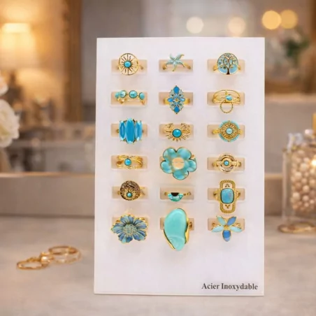 Pack 18 bagues acier inoxydable - turquoise