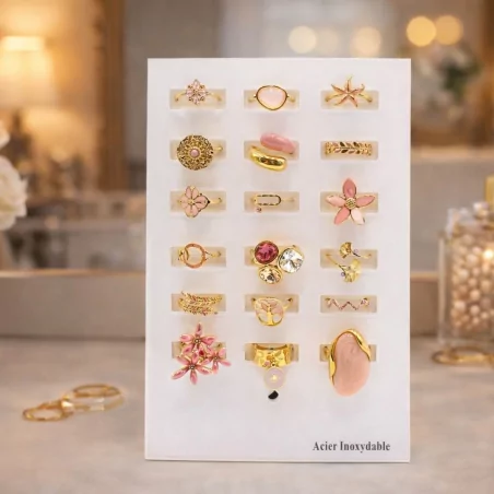 Pack 18 bagues acier inoxydable - rose