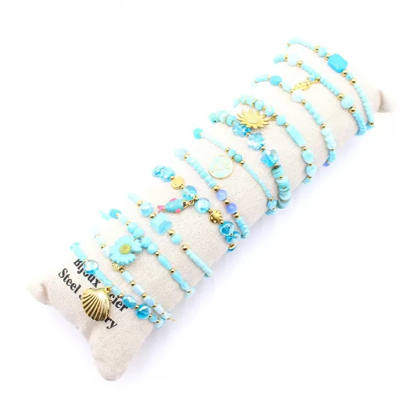 Pack de 12 bracelets cristal de verre et acier - TURQUOISE