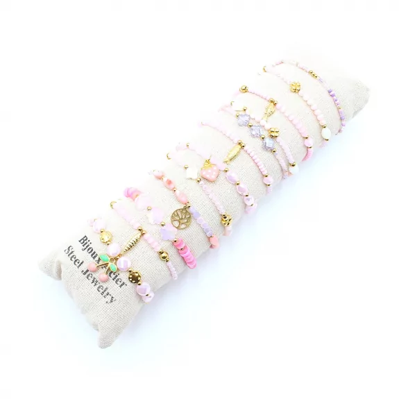 Pack de 12 bracelets cristal de verre et acier - rose