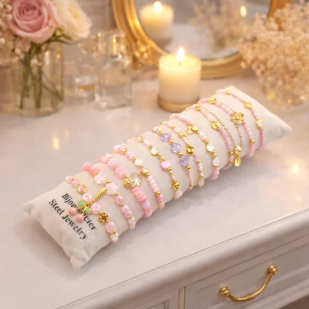 Pack de 12 bracelets cristal de verre et acier - rose