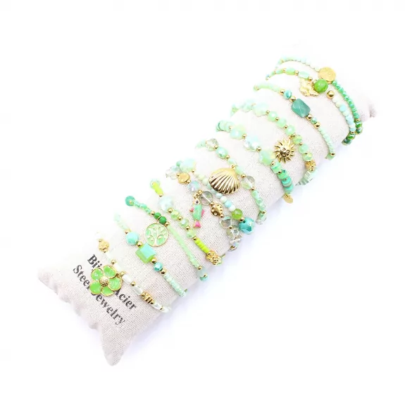 Pack de 12 bracelets cristal de verre et acier - vert