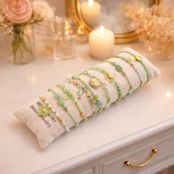 Pack de 12 bracelets cristal de verre et acier - vert