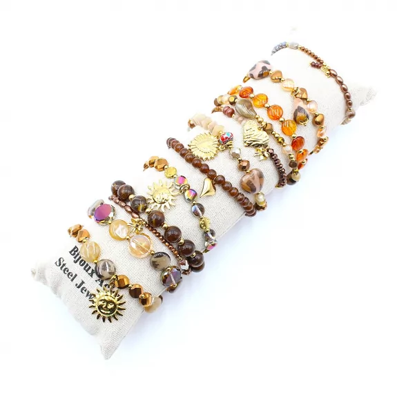 Pack de 12 bracelets cristal de verre et acier - marron
