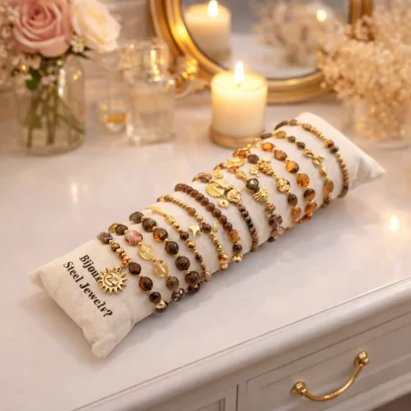 Pack de 12 bracelets cristal de verre et acier - marron