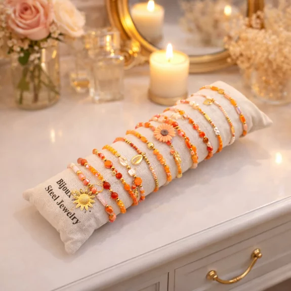 Pack de 12 bracelets cristal de verre et acier - orange