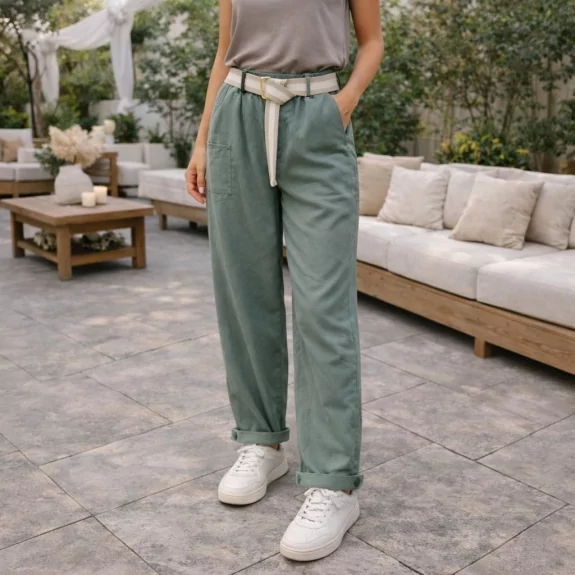 Pantalon Femme Taille Haute avec Ceinture