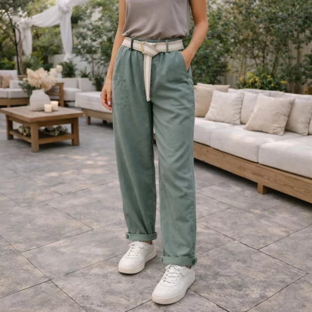 Pantalon Femme Taille Haute avec Ceinture