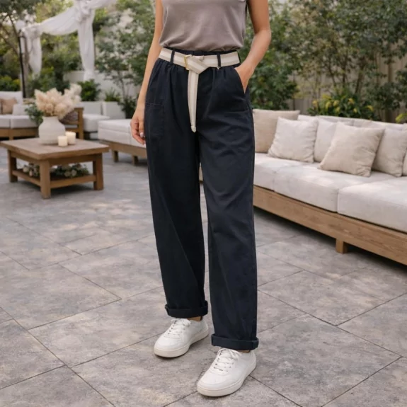 Pantalon Femme Taille Haute avec Ceinture