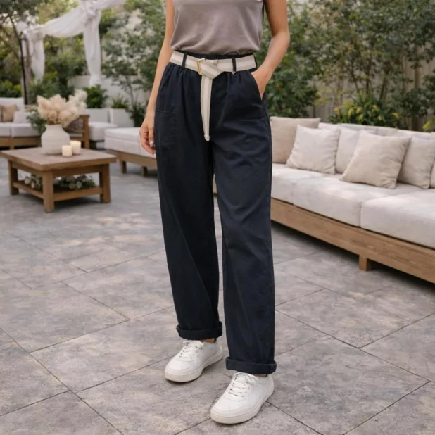 Pantalon Femme Taille Haute avec Ceinture