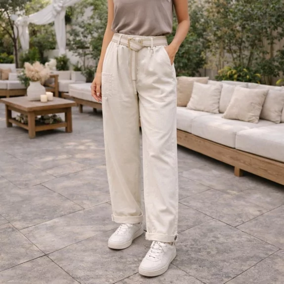 Pantalon Femme Taille Haute avec Ceinture