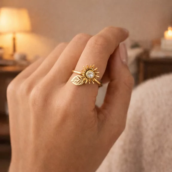 Bague dorée fleur et feuille